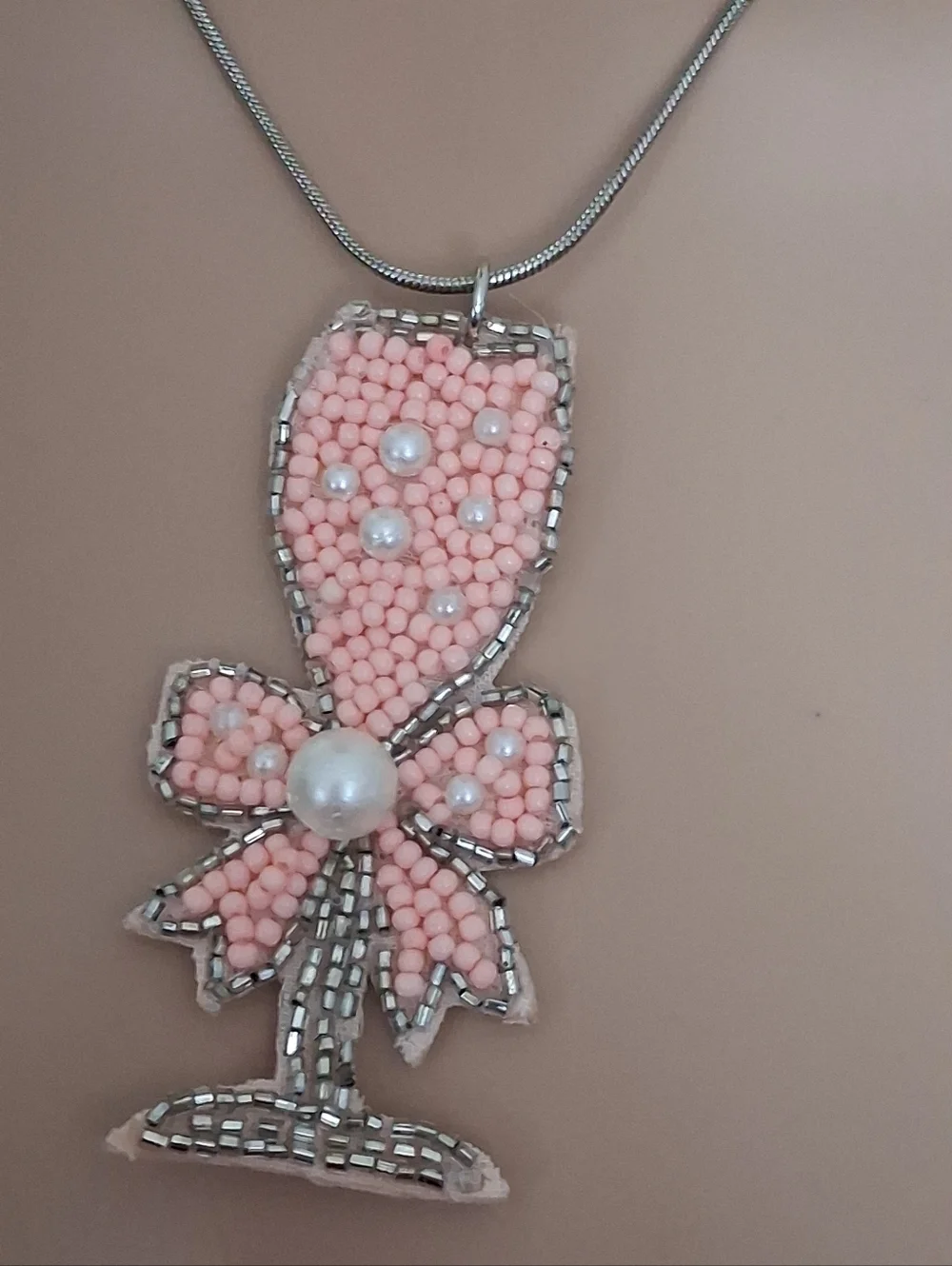 Pink Beaded Bow Champagne Glass Pendant Necklace - Women Jewelry